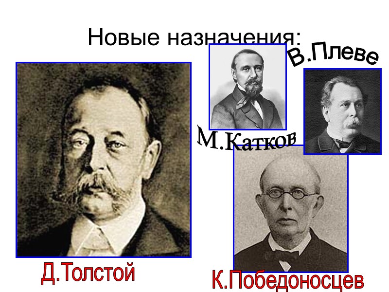 Новые назначения: Д.Толстой К.Победоносцев В.Плеве М.Катков